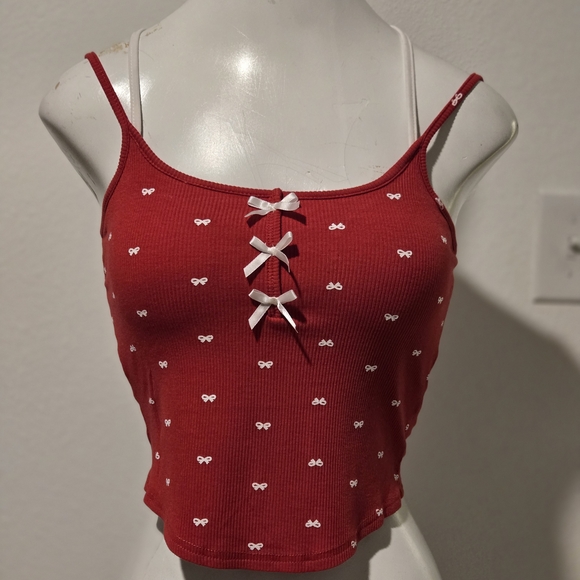 YesStyle Tops - YesStyle Red Camisole with White Bow Patterns